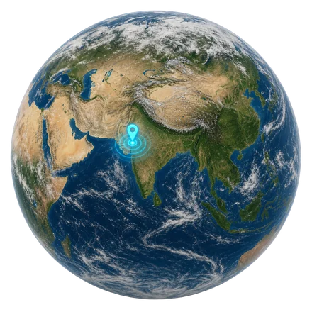 Rotating Earth focused on India with a glowing location pin on Gujarat